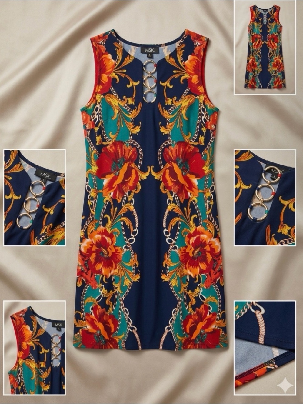 Size S 4/6 MSK Navy Floral Sheath fall Dress with Ring Accent